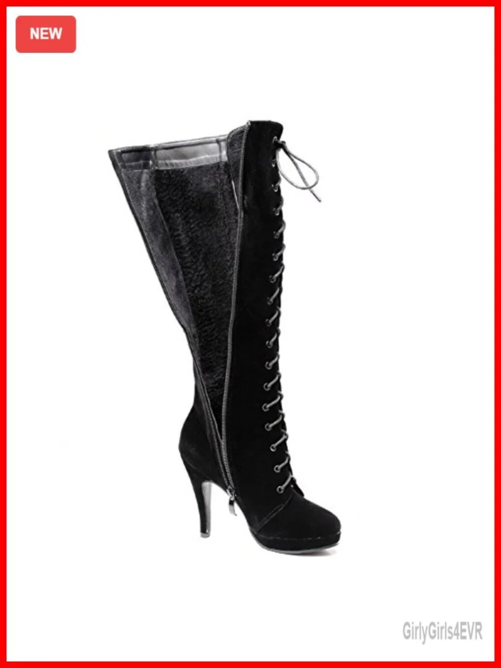 Suede Knee High Lace Up Heeled Boots with Side Zipper & Buckle